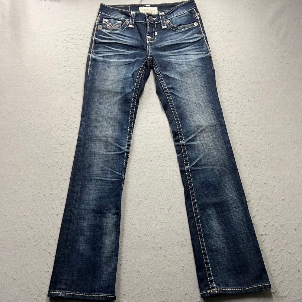 Big Star Liv Low Rise Bootcut Jeans Dark Wash Rhinestone Embellished 25R 1868